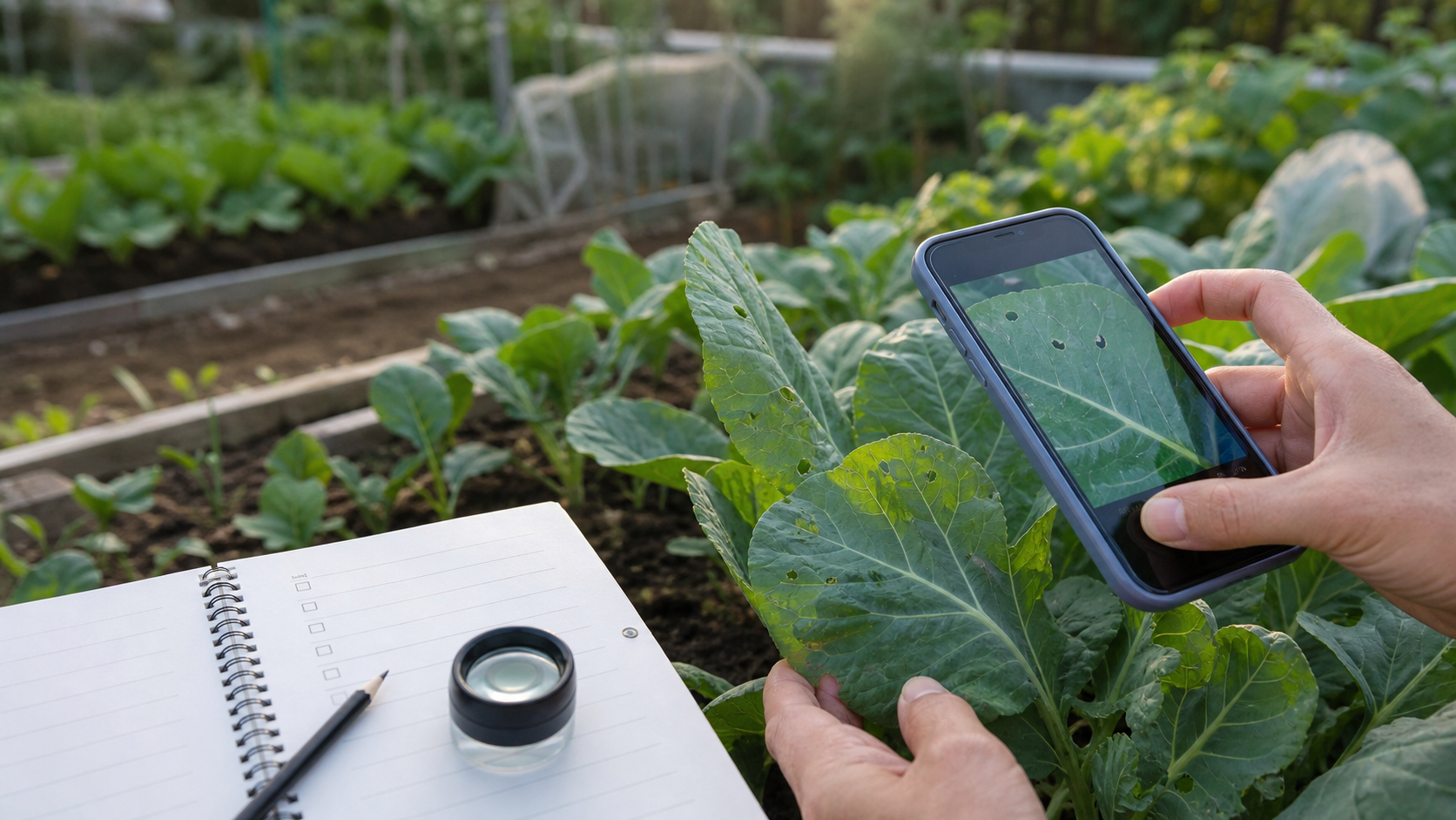 家庭菜園の葉をスマホで撮影し観察ログを残しているイメージ